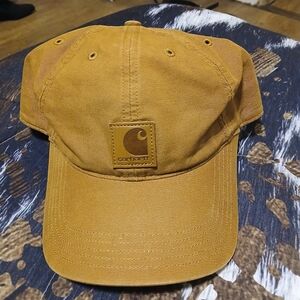 Carhartt Brown Canvas Hat Leather Patch Logo Adjustable Strap Cap Workwear